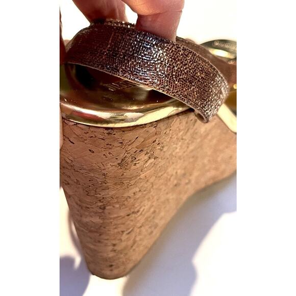 Jimmy Choo Papyrus Gold Copper Shimmer Leather Cork Wedge Sandals Ankle 38.5 - Picture 4 of 12